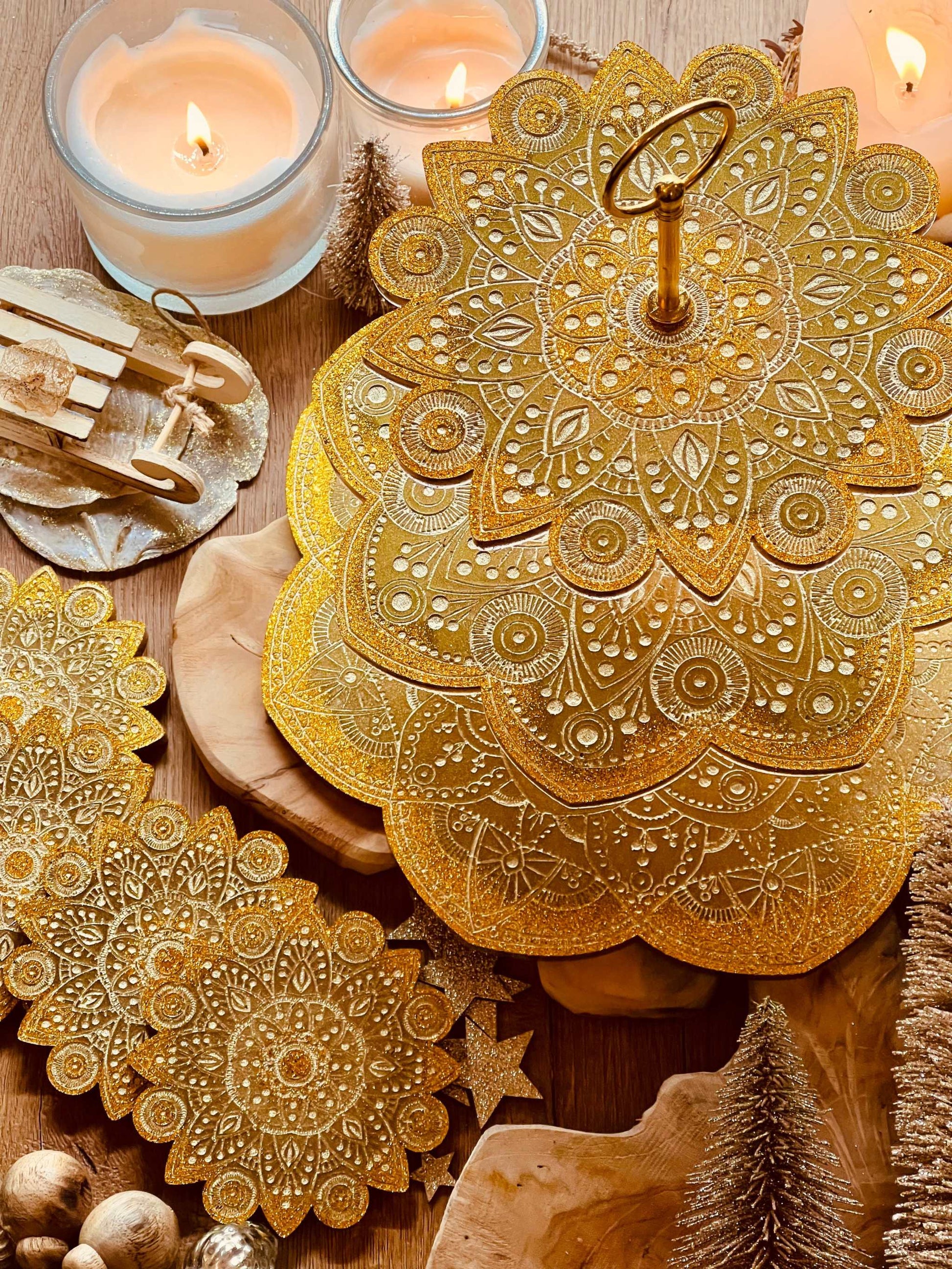 Gold Mandala Etagere and coasters set, resin handmade, unique table decor.