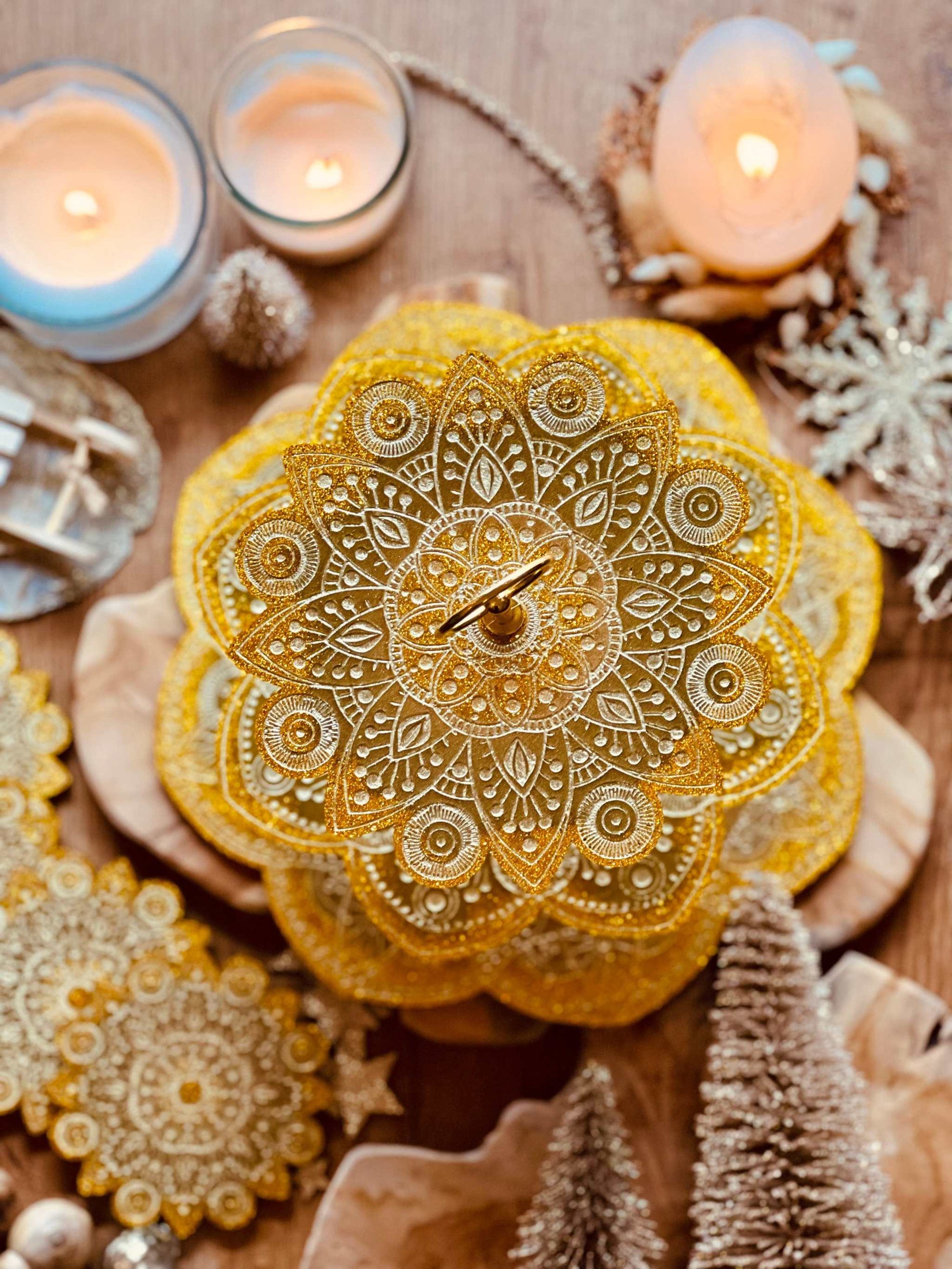 Handmade gold resin mandala etagere and coasters set, perfect for decor.