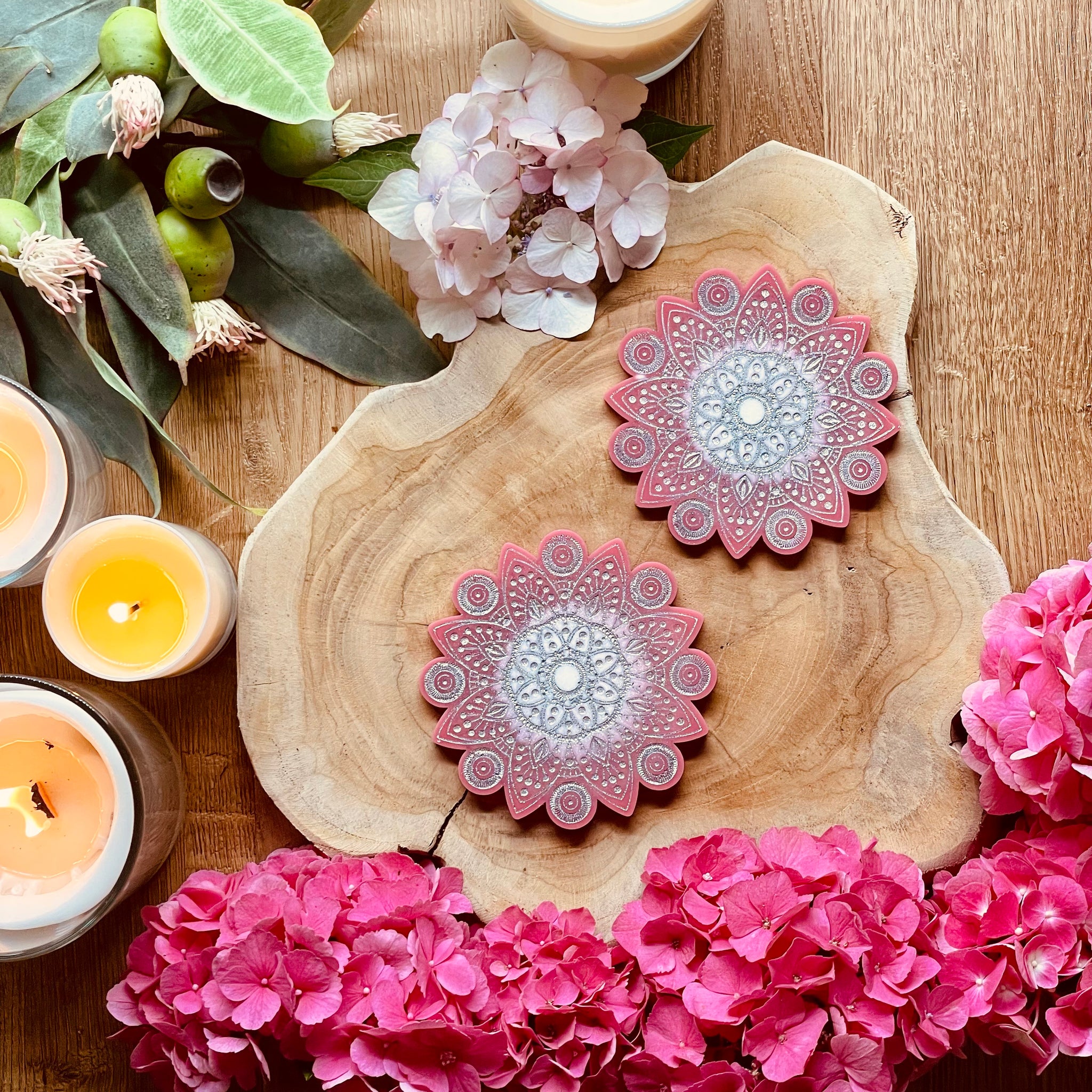 2 mandala resin coasters in pink with silver