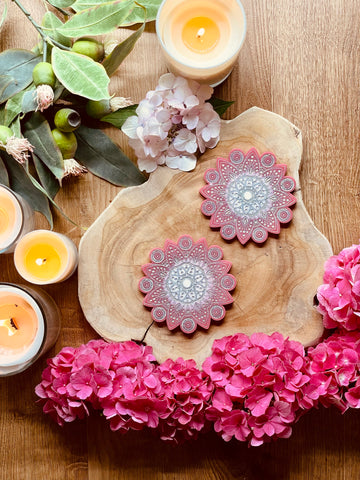 2 mandala resin coasters in pink with silver