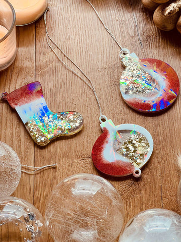 3 red, gold and white resin charms with holographic finish