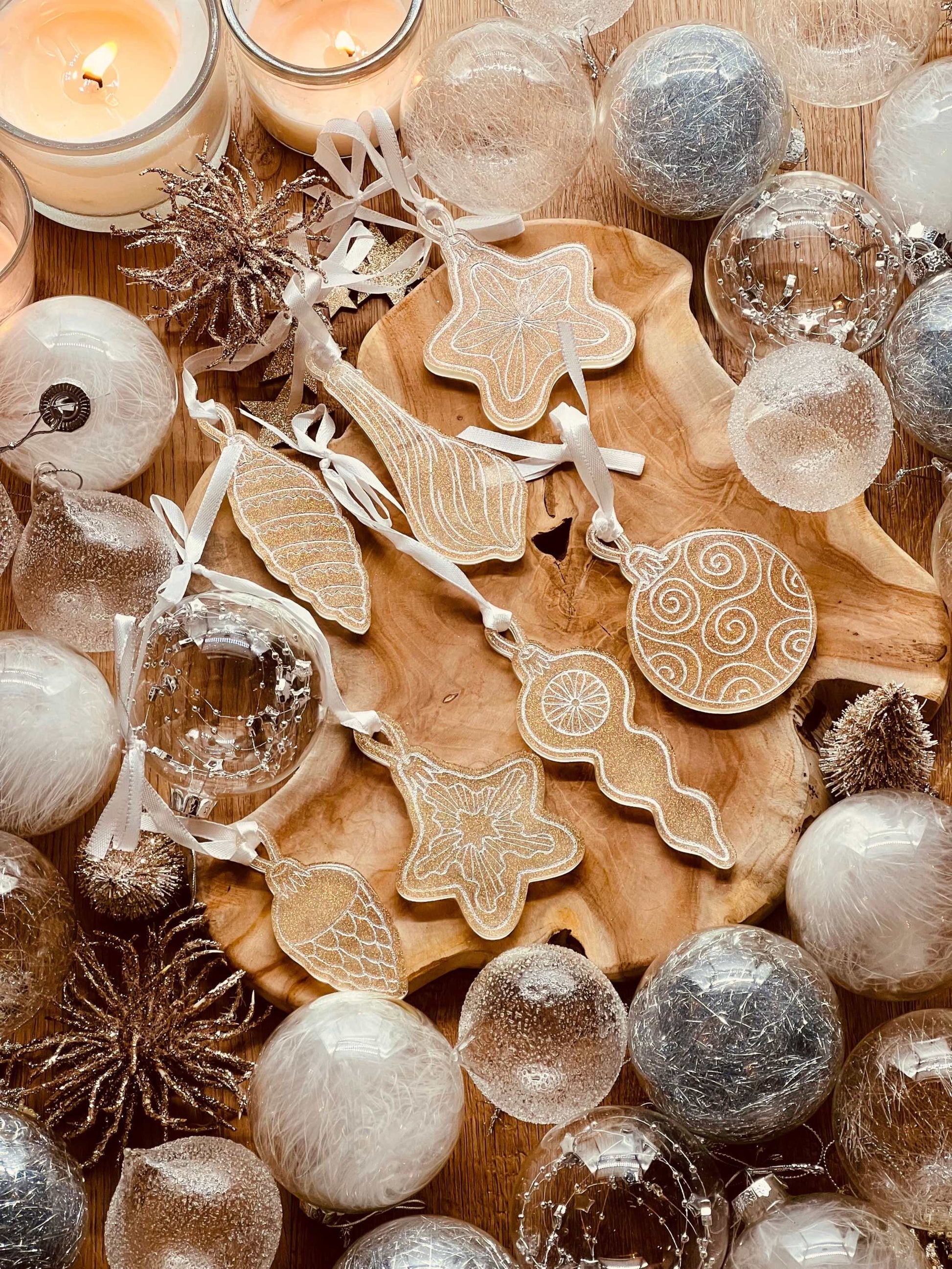 Handmade resin Christmas tree ornaments, set of 7 in silver with glitter.