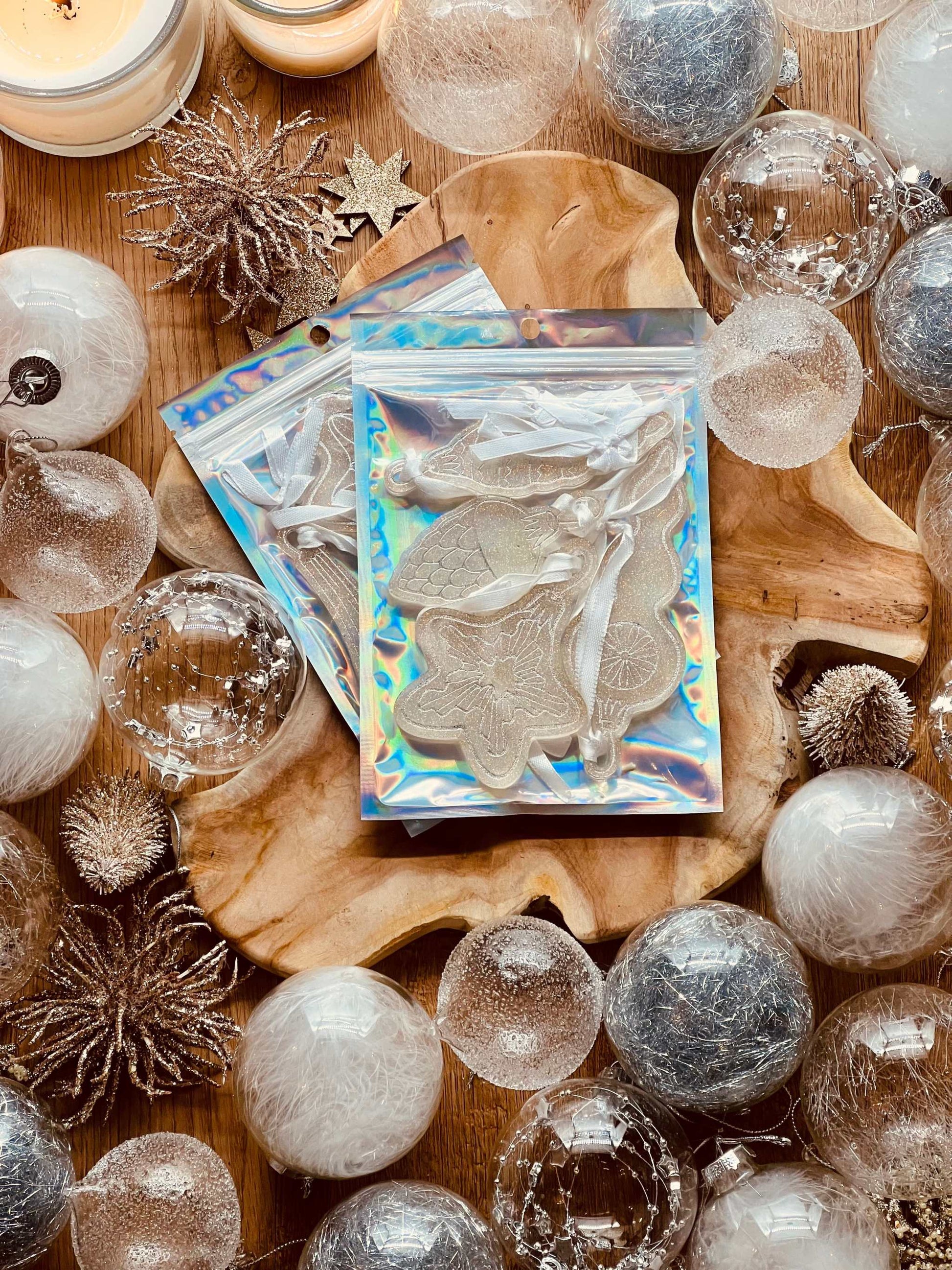 Handmade silver glitter resin Christmas tree ornaments set of 7.