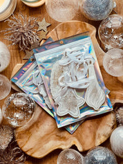 Handmade white and silver resin Christmas tree ornaments, set of 7.