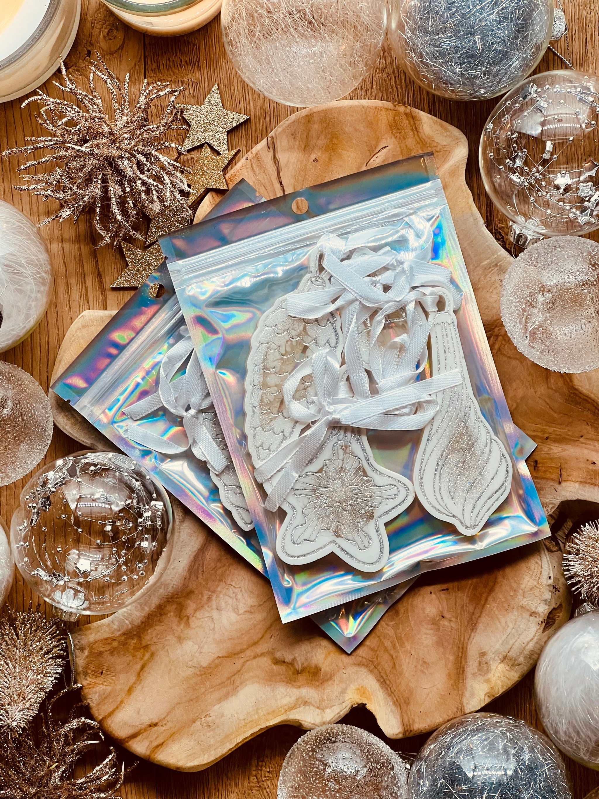 Handmade white and silver resin Christmas tree ornaments, set of 7.