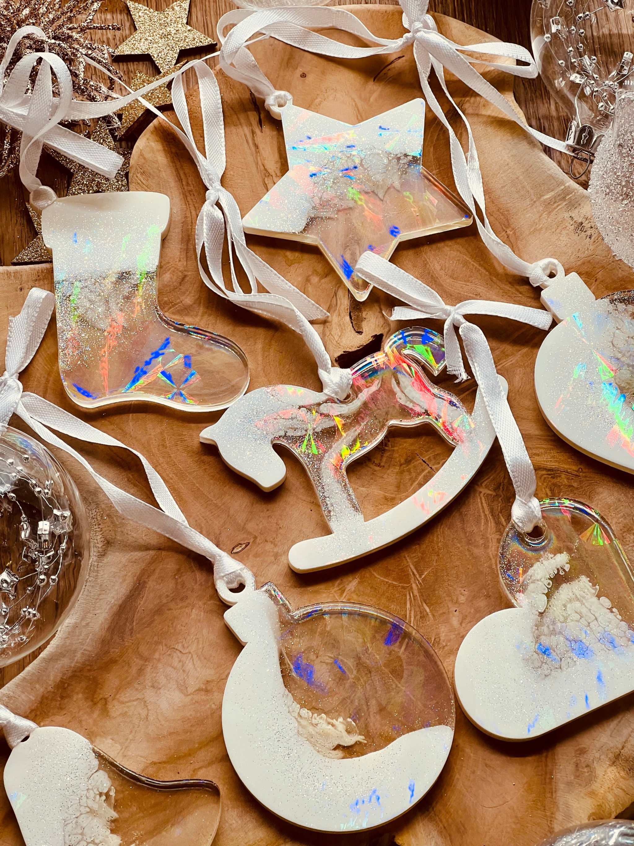 7 handmade white resin Christmas ornaments with holographic surface, set of 7.