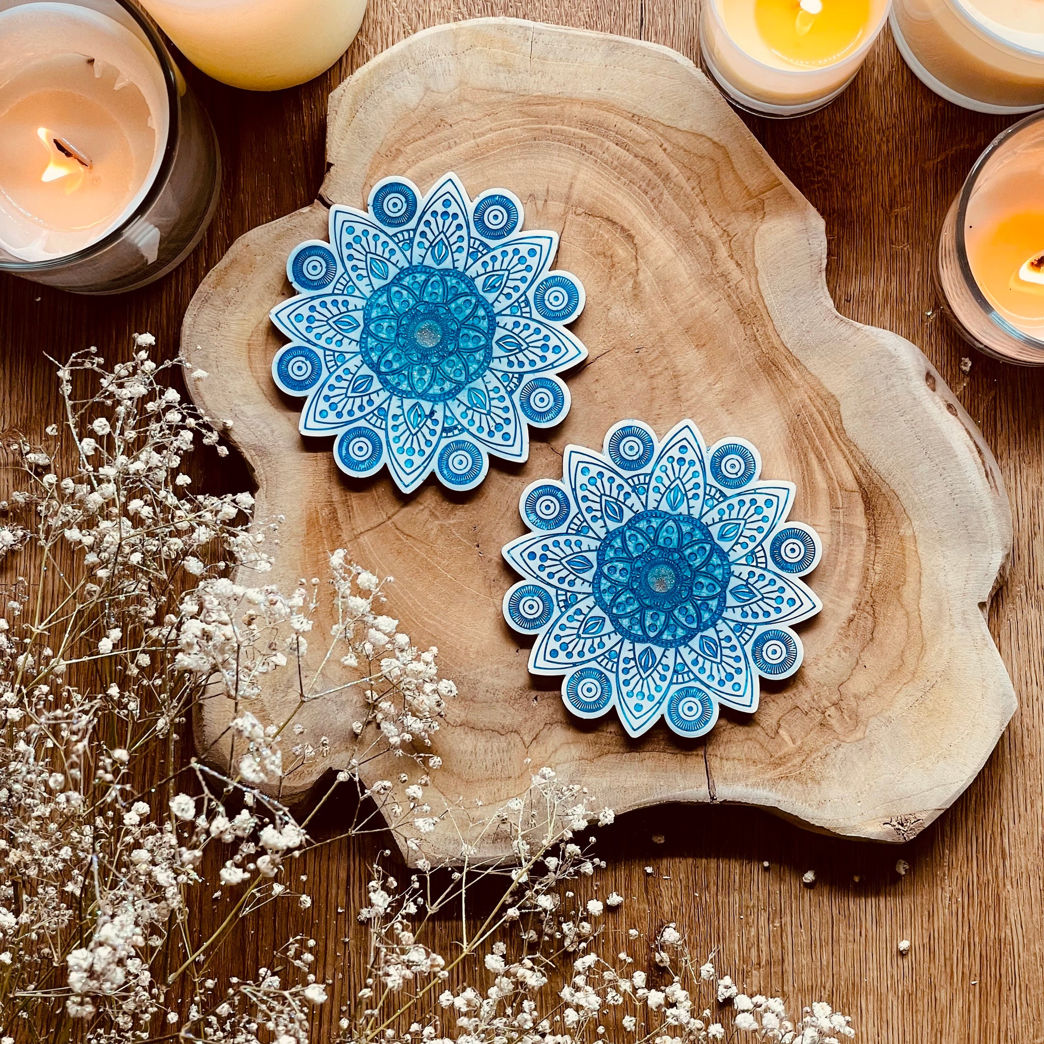 2 mandala resin coasters in white with blue