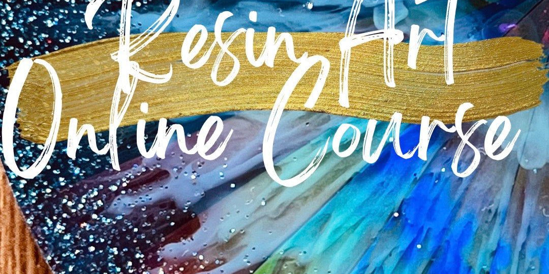 Resin art course promotional image with colorful resin artwork background.