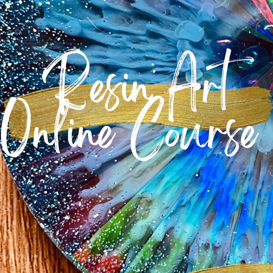 Resin art course promotional image with colorful resin artwork background.