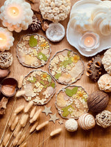 4 Untersetzer aus Resin mit echten Hortensien und Blumen und Silber