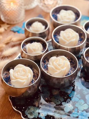 Blue Peony scented candle in silver metal glass with flower highlight