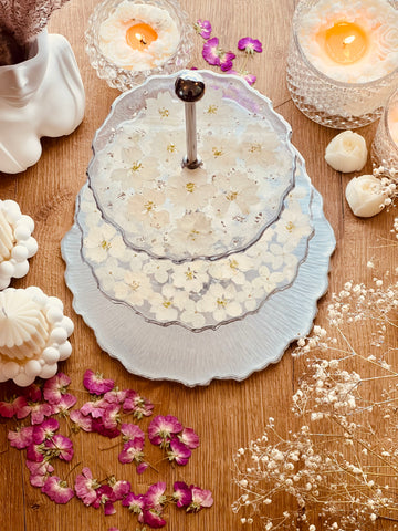 Resin cake stand with dried Lakspur flowers with silver